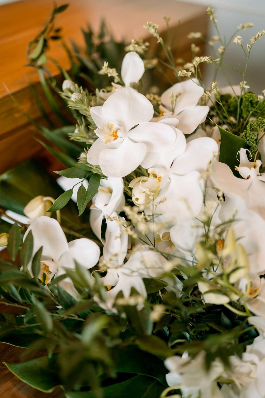White phalaenopsis orchid bridal bouquet detail from a Villa Satis wedding, by Wedding Flowers Phuket
